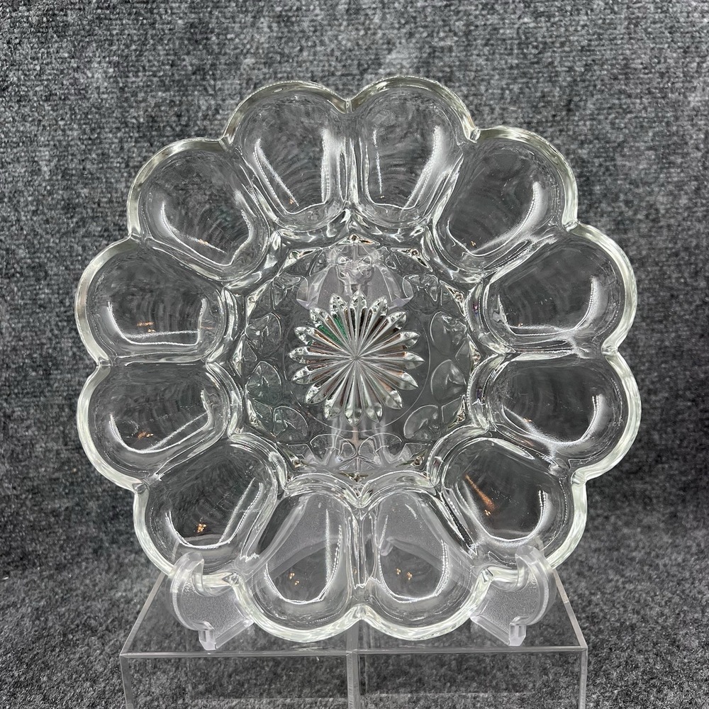 Vintage Clear 10" Deviled Egg Glass Plate Platter Tray  Essentials #1296